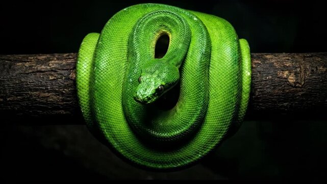 Vibrant Green Python Rests Calmly on Branch in Dramatic Close-Up