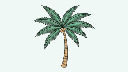 Obraz premium beautiful illustration of a single coconut palm tree with a curved trunk and lush green fronds set against a soft and pale green background.