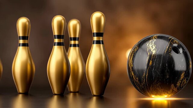 Golden bowling pins lined up with a black bowling ball rolling towards them on a polished surface, illuminated by warm lighting creating a dramatic atmosphere