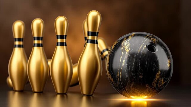 Black bowling ball rolls towards golden bowling pins on a polished surface, capturing the moment just before impact in a well-lit indoor setting with a blurred background