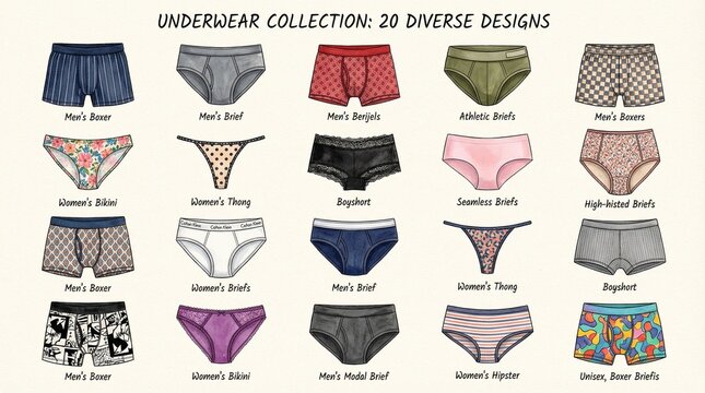 A diverse underwear collection showcasing twenty unique men&rsquo;s and women&rsquo;s designs, arranged in a grid format with labeled styles.