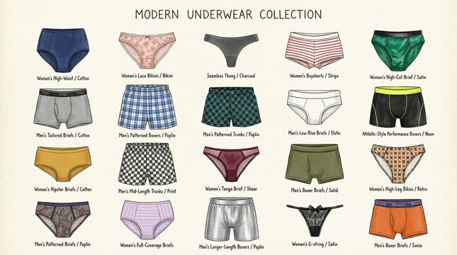 A diverse underwear collection showcasing twenty unique men&rsquo;s and women&rsquo;s designs, arranged in a grid format with labeled styles.