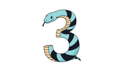 Obraz premium Playful blue and black striped snake coiled to form the number three with a small smile and a flicking tongue.