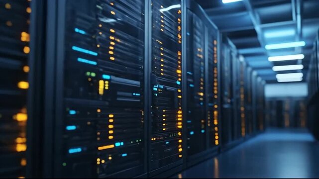 A modern data center featuring illuminated server racks.