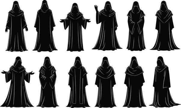 Black hooded robe figure silhouettes collection, mysterious cloaked characters poses set, fantasy cult monk wizard icons isolated on white
