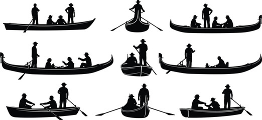 Gondola boat silhouettes with people rowing and riding, traditional Venetian water transport scenes collection isolated on white background © KagenChandro