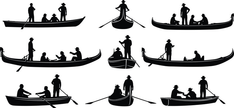 Gondola boat silhouettes with people rowing and riding, traditional Venetian water transport scenes collection isolated on white background