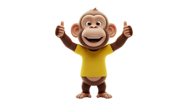 3D render of a cheerful monkey in yellow t-shirt giving thumbs up Isolated on transparent background