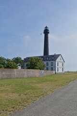 S&otilde;rve lighthouse againts blue sky in summer, S&otilde;rve Peninsula, Saaremaa, Estonia.