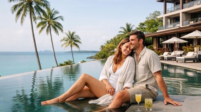 A relaxed couple enjoying a romantic tropical vacation by an infinity pool with ocean views, capturing luxury leisure, intimacy, and sunny resort lifestyle.