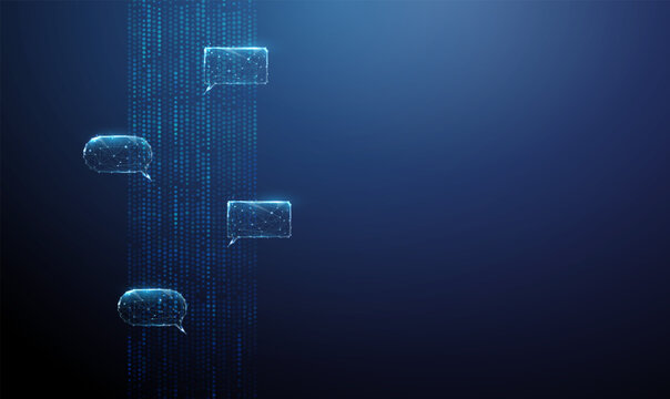3d vertical data stream made of dots with empty speech bubbles. Chatbot training, natural language processing, data-driven learning, AI model development concept.