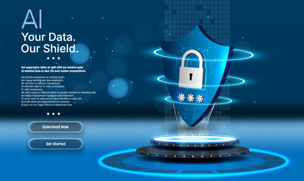 Protecting data with AI technology and digital security shields in a modern design on a blue background