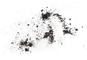 Fototapeta premium Scattered fertile soil on a white background, top view. Gardening and growing concept.