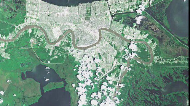 High-resolution satellite video showing New Orleans, Louisiana, along the Mississippi River. The footage captures urban patterns, city layout, river meanders, and surrounding floodplains and wetlands