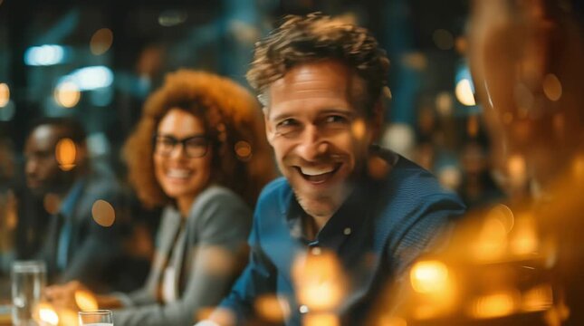 A business team at a modern office meeting. A smiling man listens to his colleagues. The concept of leadership, teamwork, and modern business.