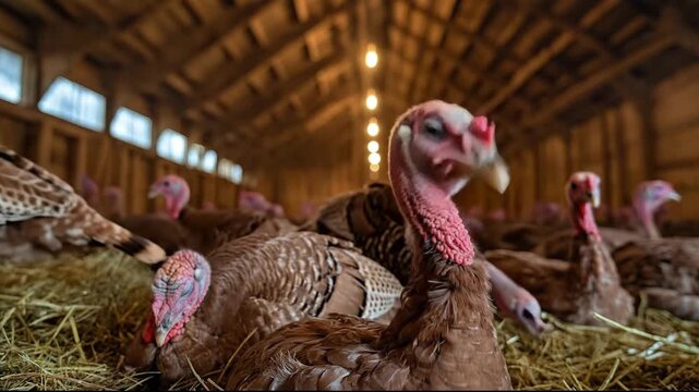 A cozy barn filled with domesticated turkeys nestled in straw.