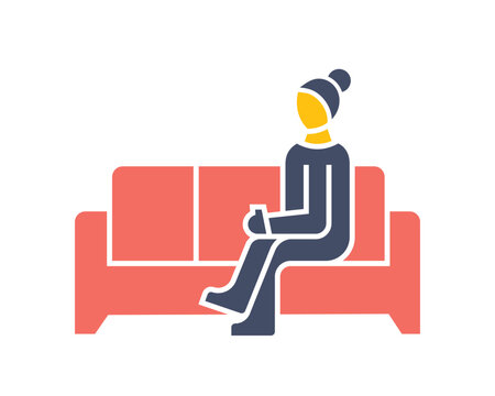 Quirky illustration of a woman lying on a psychiatrist's sofa. Concept of mental health, therapy session, and healing in distorted vector art.