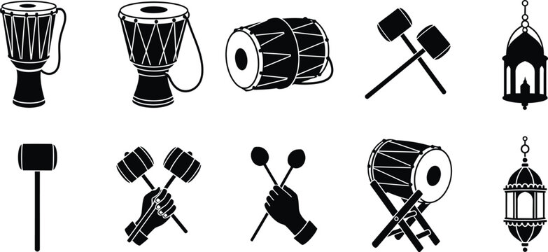Collection of Islamic Musical Instruments and Lanterns Silhouettes drum djembe