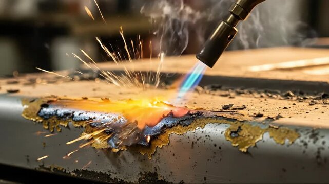 Intense welding process: torch melting metal with sparks and smoke in workshop