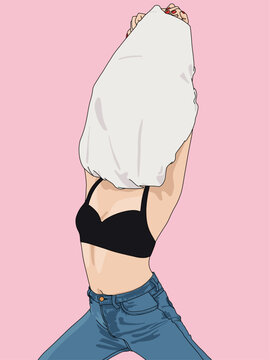 Vector Illustration of a Woman Wearing Blue Denim Trousers and Black Top Undressing Taking out Shirt Against Pink Background