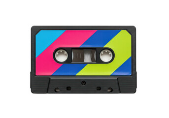 Fototapeta premium Vintage cassette tape with colorful label design isolated on transparent background