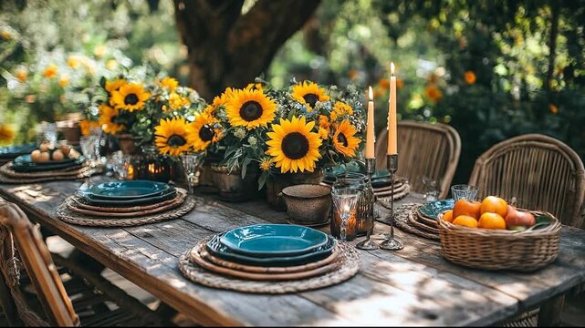 A rustic outdoor dining setup adorned with sunflowers and candles.