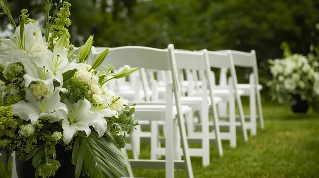 A wedding ceremony in nature: rows of white folding chairs stand on green grass, and in the foreground is a large bouquet of white lilies and roses with greenery.	