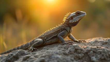 Fototapeta premium Lizard basking in the sun. Realistic lizard on rock. Nature photography of reptiles. Wildlife in natural habitat.