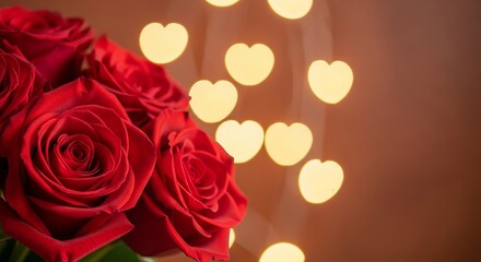 Red roses bouquet with heart shaped lights on brown background for valentine's day or romantic occasion