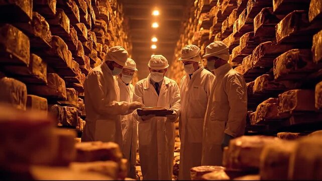 Professionals inspecting cheese in a warm, industrial storage space.