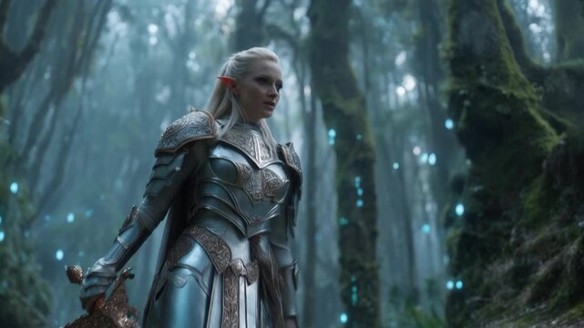 Armored elf warrior with sword walks through misty enchanted forest with glowing blue fireflies
