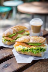 Delicious salmon and avocado sandwiches with coffee on wooden table