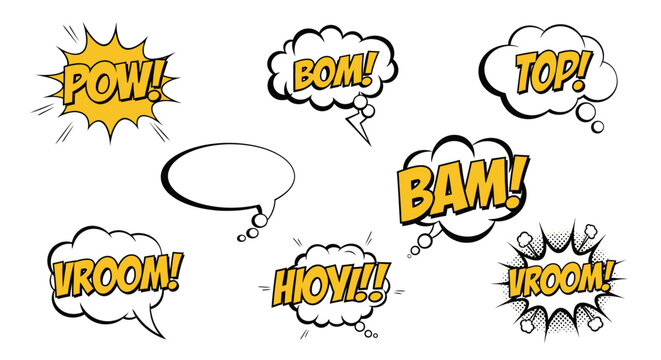 comic book speech bubbles with pow, bam, boom and vroom