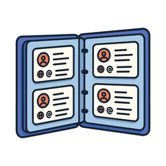 Fototapeta premium Open contact book with multiple business cards flat vector illustration