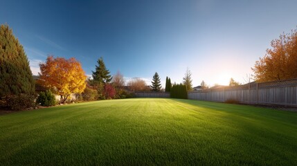 Serene Autumn Landscape with Vibrant Trees Under Bright Sky and Lush Green Lawn in a Peaceful Backyard Setting at Dusk
