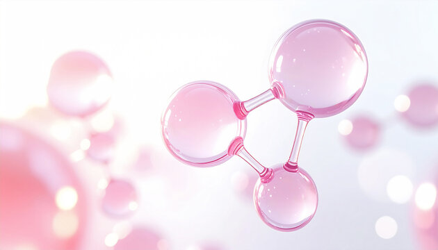コラーゲンの分子イメージ（透明ピンクのガラス質3D・美容成分スキンケアのサイエンス背景） / Collagen molecule concept, transparent pink glossy 3D molecular structure for skincare science background