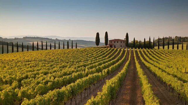 A serene vineyard landscape with symmetrical grape rows leading toward a rustic farmhouse under warm evening light.