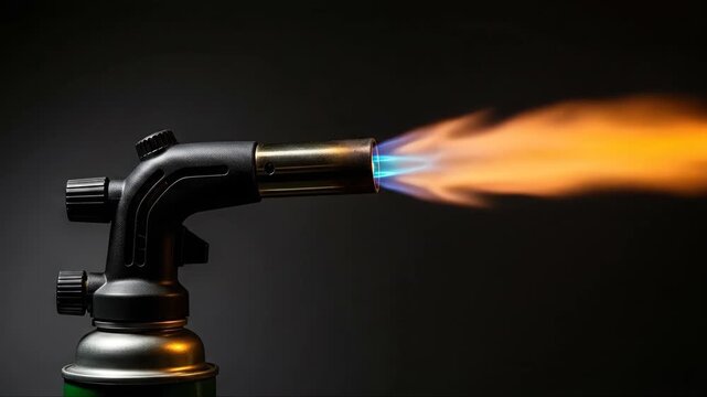 Dramatic gas torch flame transition from steady to roaring combustion against dark background