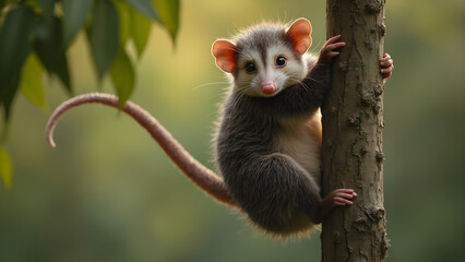 Naklejka premium Possum hanging by tail. Ultra realistic possum art. Wildlife photography possums. Nature images of possums.