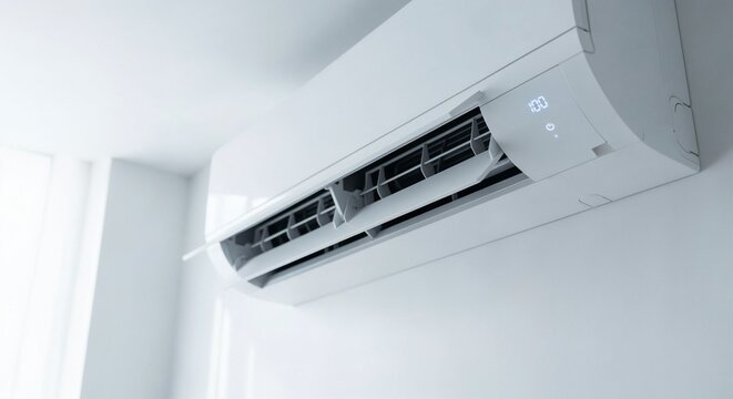 Modern wall mounted air conditioner with digital display in bright room for home cooling and climate control.