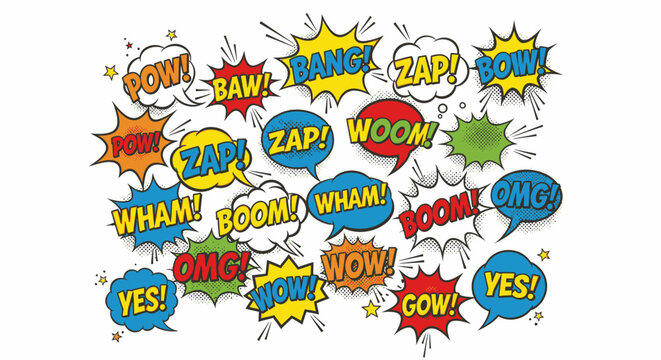 colorful comic book speech bubbles with wow zap and bang