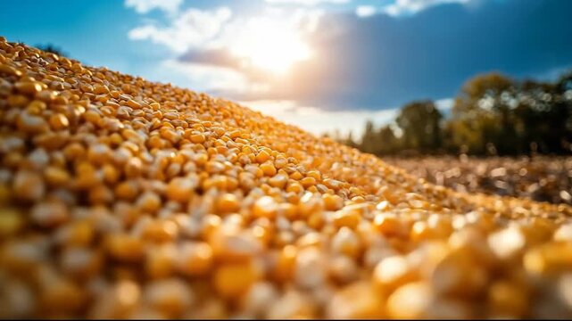 A close-up of golden corn kernels under a bright sky.