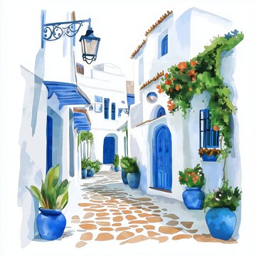 Sidi Bou Said. Sidi Bou Said hand drawn watercolor illustration on white background