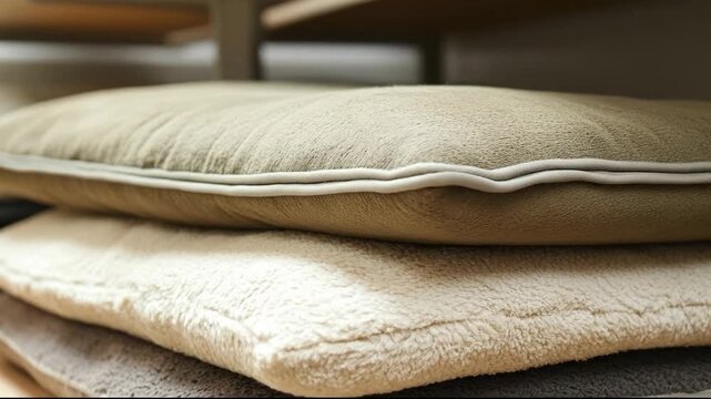 A cozy stack of soft, textured cushions in neutral tones.