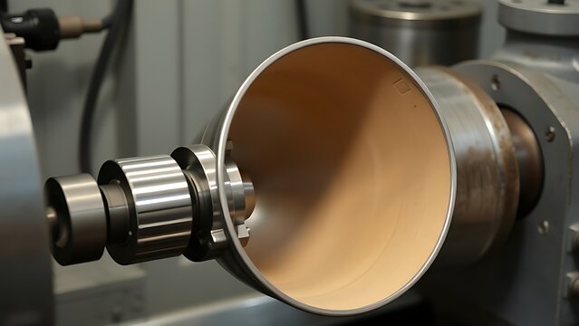 mandrel. A conical metal lathe mandrel rotating with an unfinished tube sleeve fitted over it. safety posters, maintenance manuals, designed for precision metalworking and fabrication facilities.