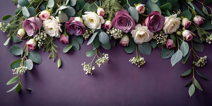Elegant floral arrangement featuring a profusion of roses and greenery against a rich purple backdrop