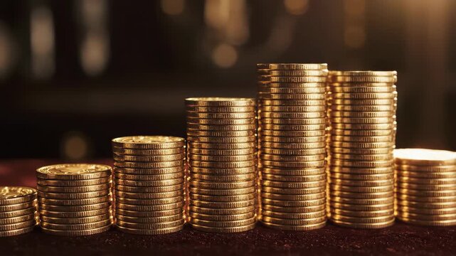 Gold coin stacks forming bar chart symbolize financial success, economic growth, and accumulation of wealth through profitable investment for potential treasure and gain