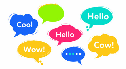 colorful speech bubbles with hello, cool and wow
