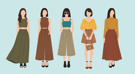 Illustration of five women wearing different outfits and skirts.