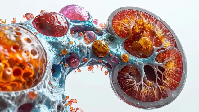 Medical anatomy illustration of human kidney showing serious health problem, with detailed cross section revealing painful stones and polycystic disease for nephrology